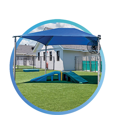 a blue tent with a slide in a yard