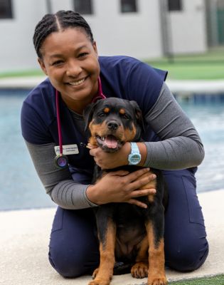 a woman holding a dog