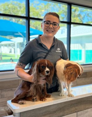 a woman holding two dogs